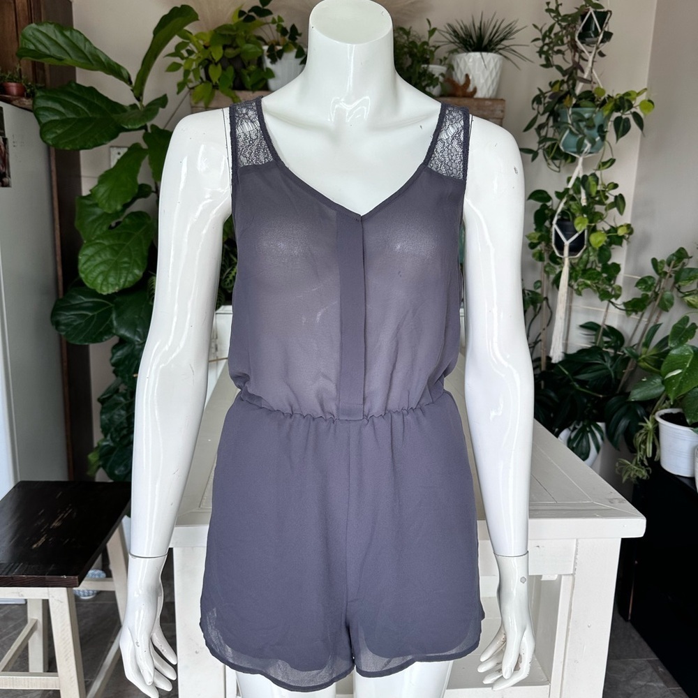 Divided H&M Sz 4 Grey, blue mesh playsuit with lace,V neckline and button front.